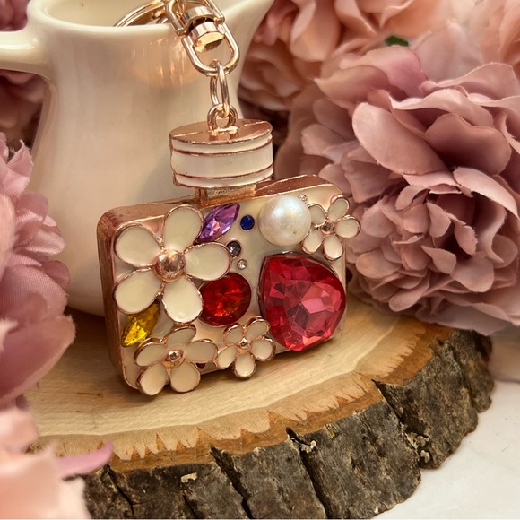 Pink Crystal Flower Perfume Bottle Keychain Charm - Picture 3 of 16